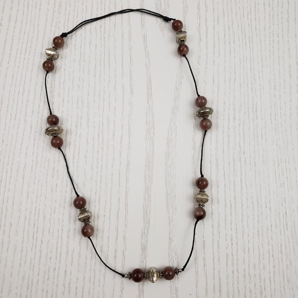 Brown Glass Silver Tone Bead Station Cord Necklace - Picture 2 of 5